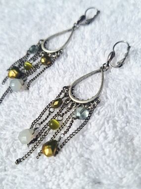 Handcrafted Green and Gold Teardrop Dangle Earrings